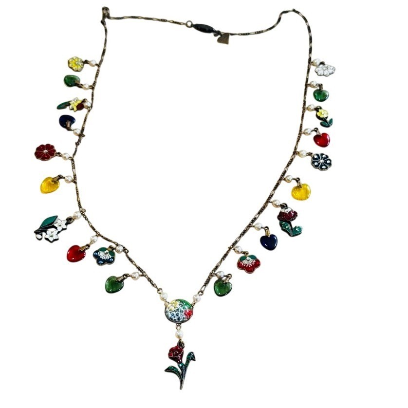VTG Glass Works Studio Charm Necklace Crystal Enamel Heart Pansy Flower Long