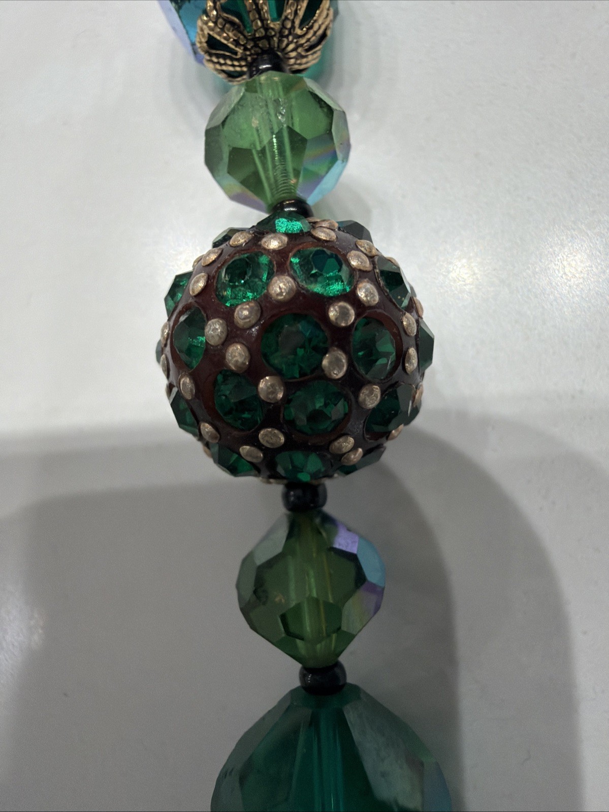 Vintage Vendome teal green crystal and beaded 22” necklace Clip On earrings set