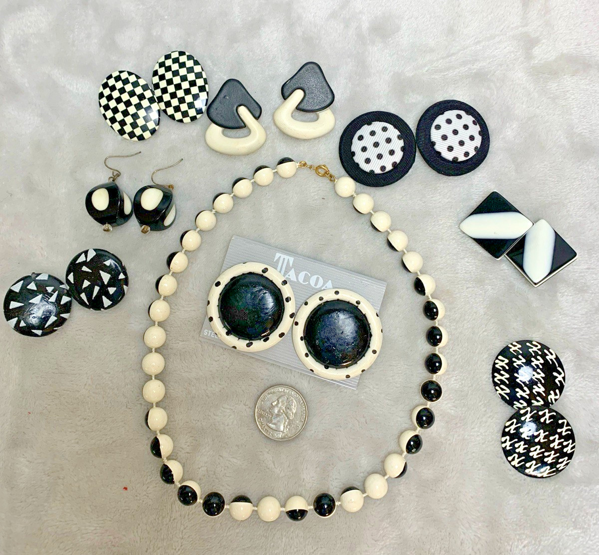 Vintage MOD Monochrome Jewelry Lot Black White Earrings Signed Tacoa & Necklace