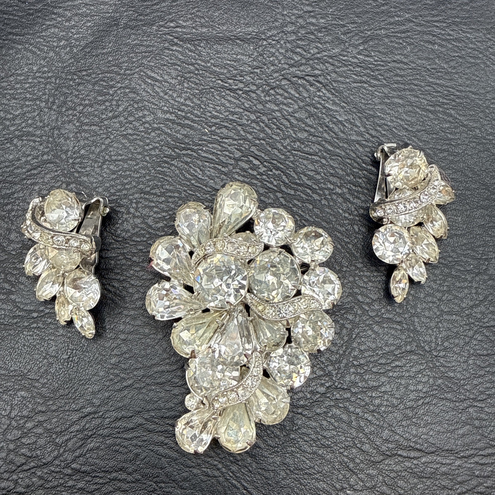 Vintage Eisenberg Ice Rhinestone Brooch and Clip On Earrings Set Signed
