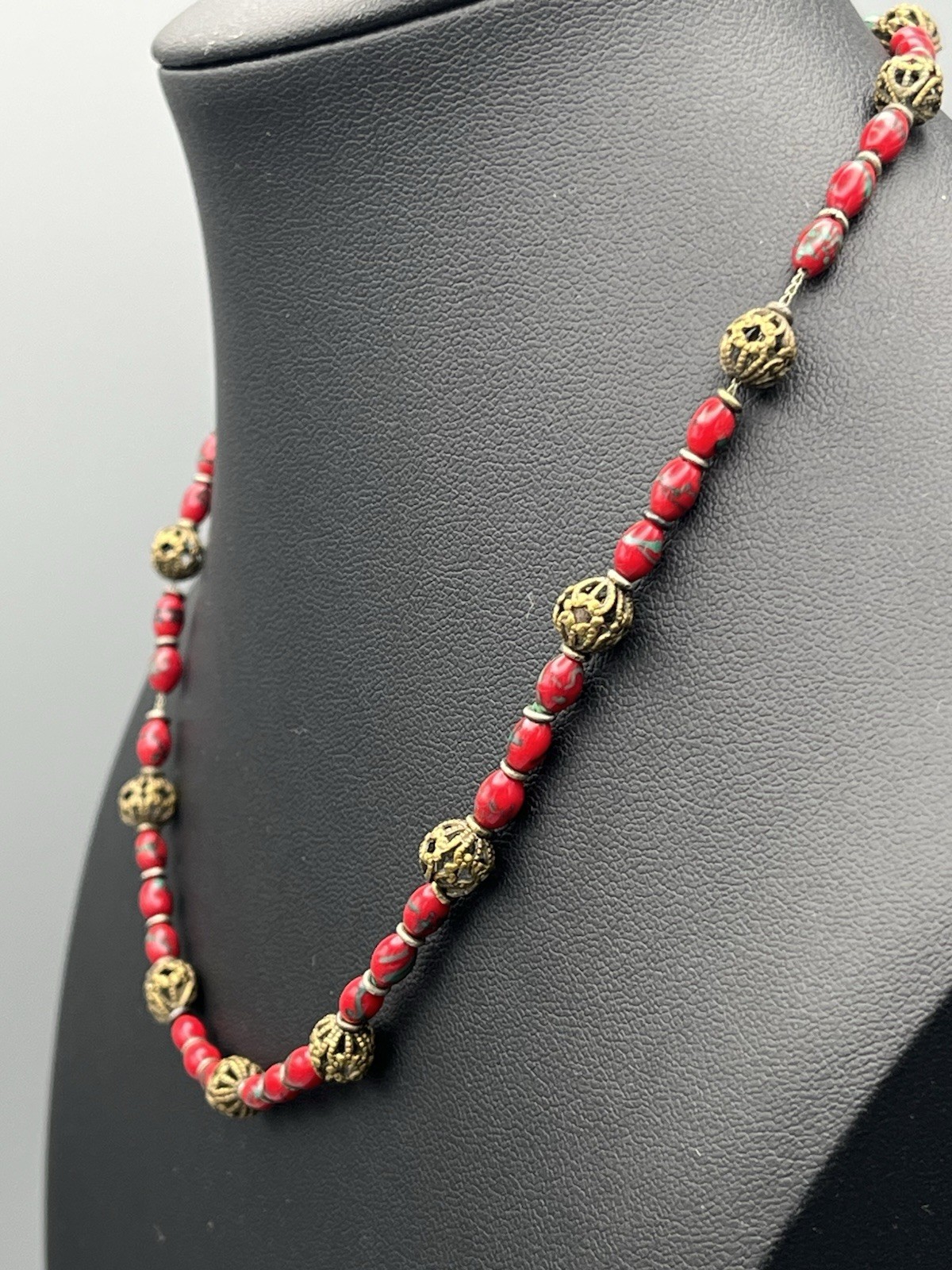 Vintage Red Glass Bead Necklace with Ornate Brass Filigree Accents