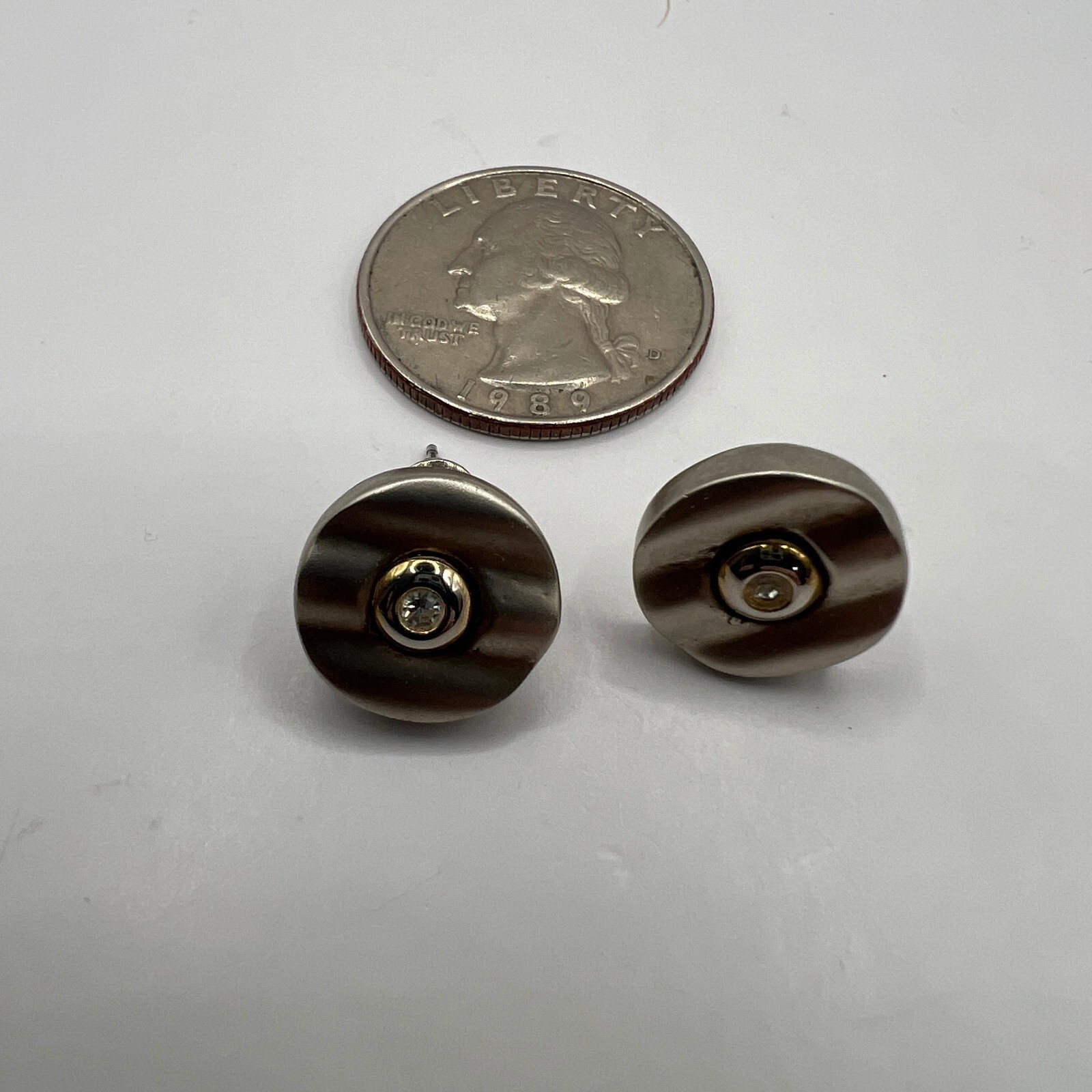 Vintage Pierced Earrings Pewter Tone Rigged with Clear Crystal Center