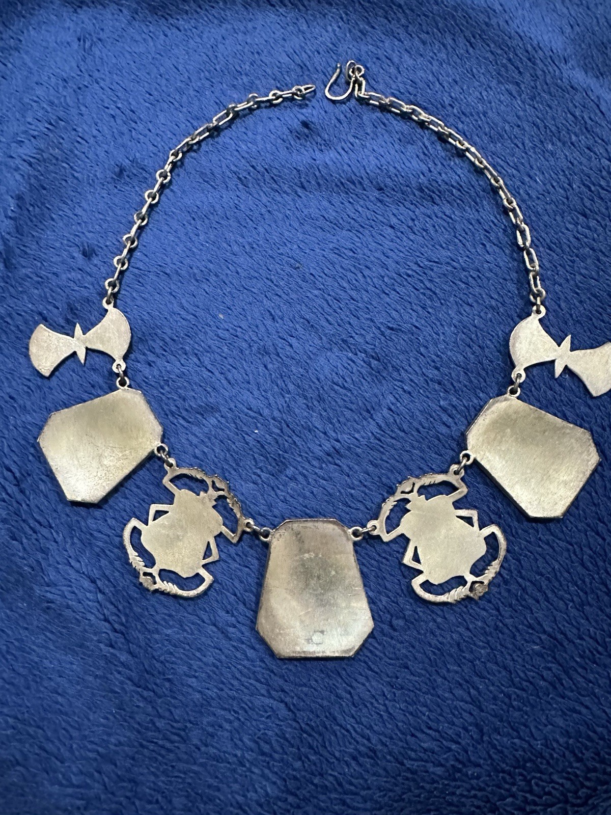 Vintage 900 Silver Egyptian Revival Panel Choker Necklace, 16.5in Long