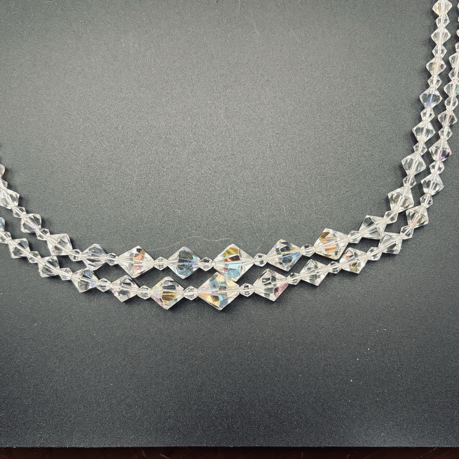 Double Strand Aurora Borealis Faceted Bicone Crystal Graduated Necklace 27” VTG