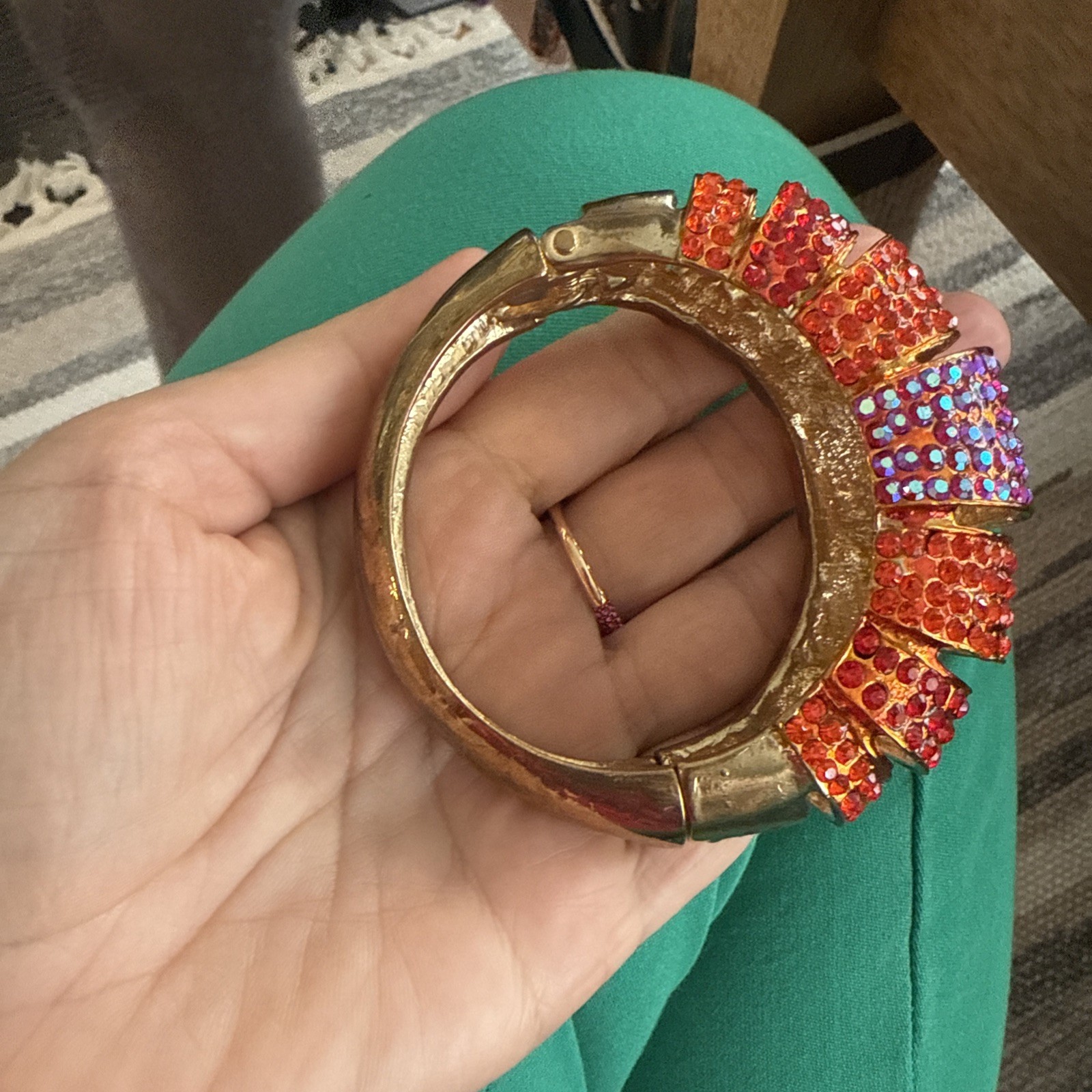 Vintage Hinged Cuff Bracelet Red Orange Fuchsia Rhinestone Crystal 1980s