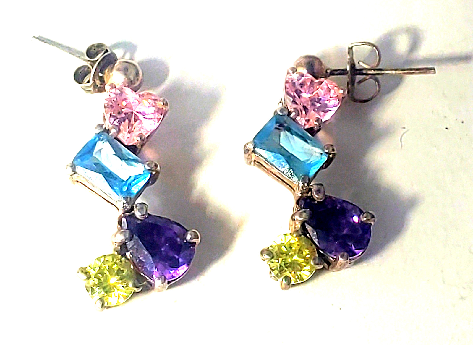 Vtg Sterling Silver Multicolor Pastel CZ Dangle Drop Stud Post Earrings Lot