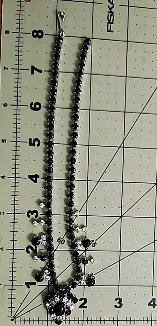Vintage 1950s Bib Necklace & Screw Back Earrings Black & Clear Rhinestones
