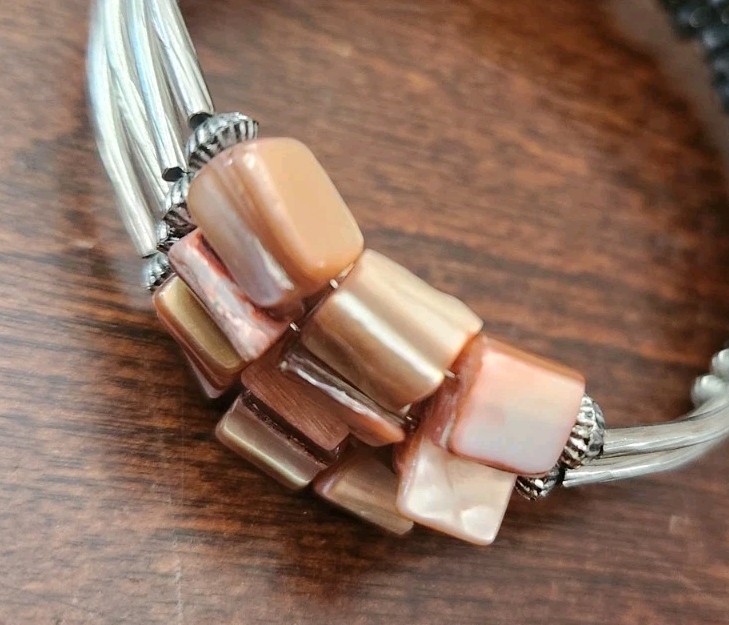 Stacked Shell Beach Bracelet Wire Wrap Abalone Natural Stones Mother of Pearl