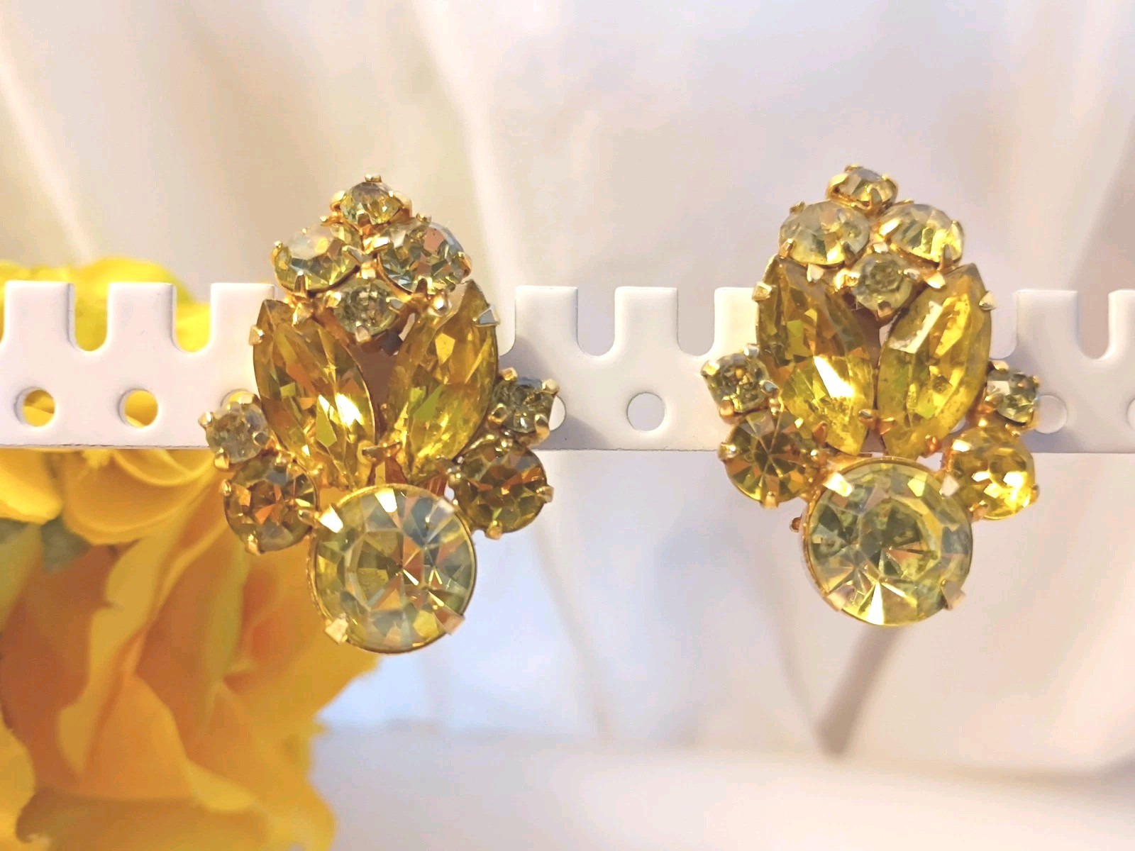 La Roco Rhinestone Vintage Clip Earrings Yellow w Gold Filled Metal