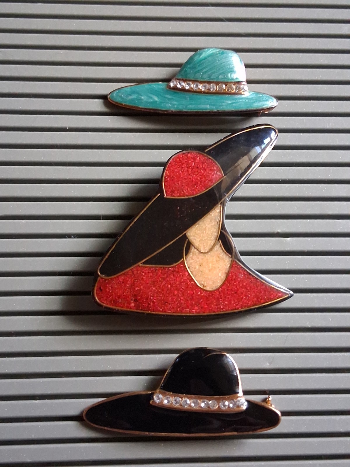 VTG Colormates Enamel Rhinestones Hat Pins Sawdust Art Deco Woman In Red Brooch