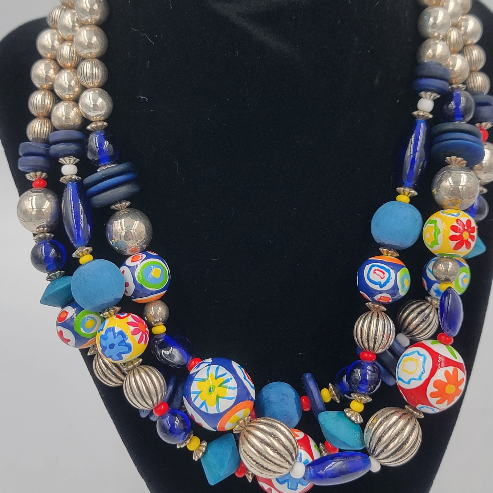 Vtg 80s Boho Multi-Strand Wood Ceramic Beaded Necklace Chunky Blu Red Yel Tribal