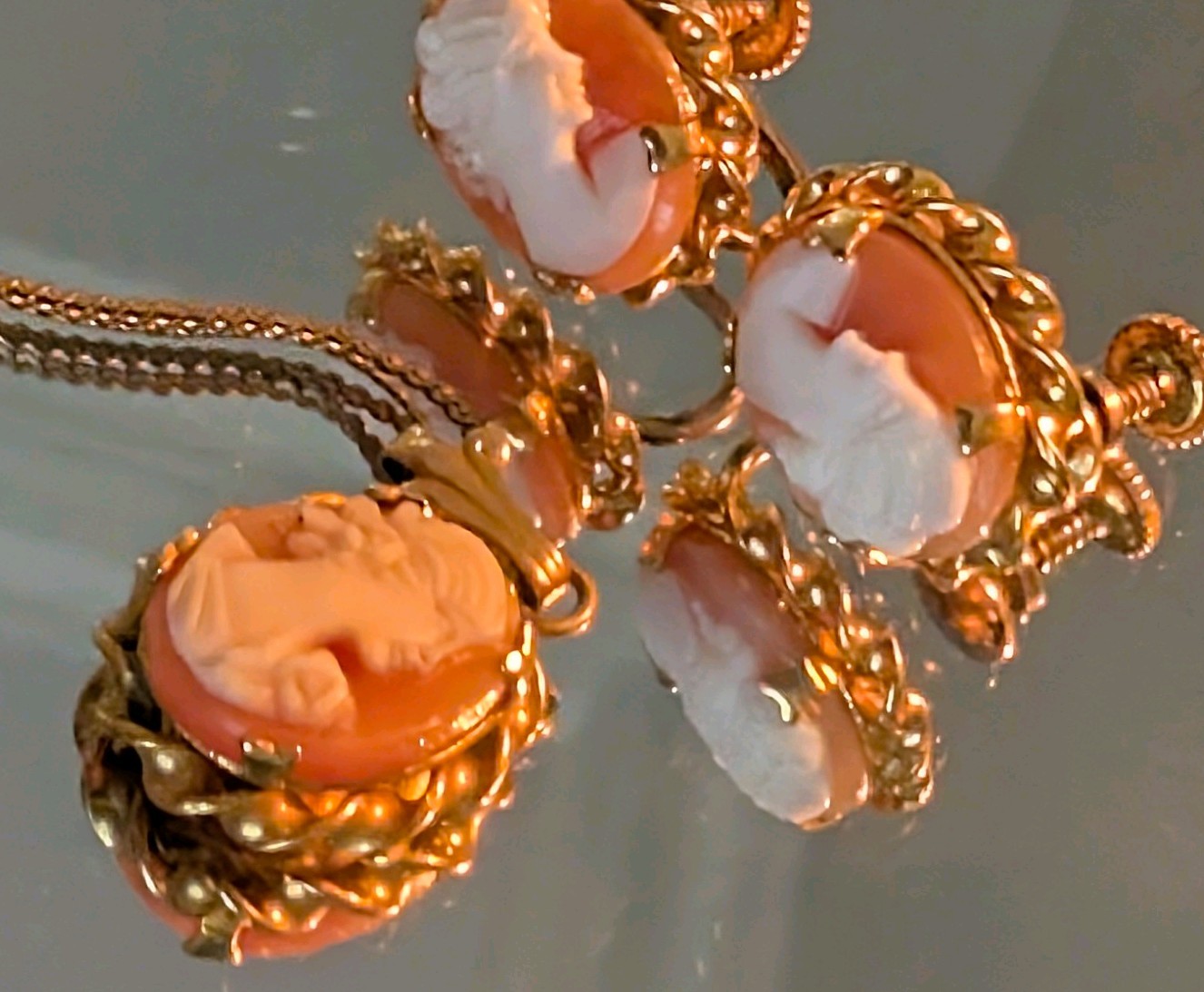 Vintage Rainbow Gold Filled Cameo Set – Sterling Earrings & Pendant – 16” Chain