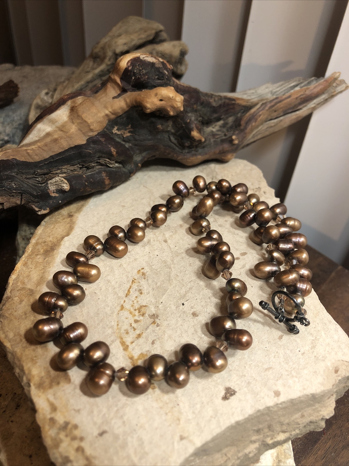 Vintage 925 Sterling Silver Root beer Pearl Bead Beaded Toggle Necklace 44g