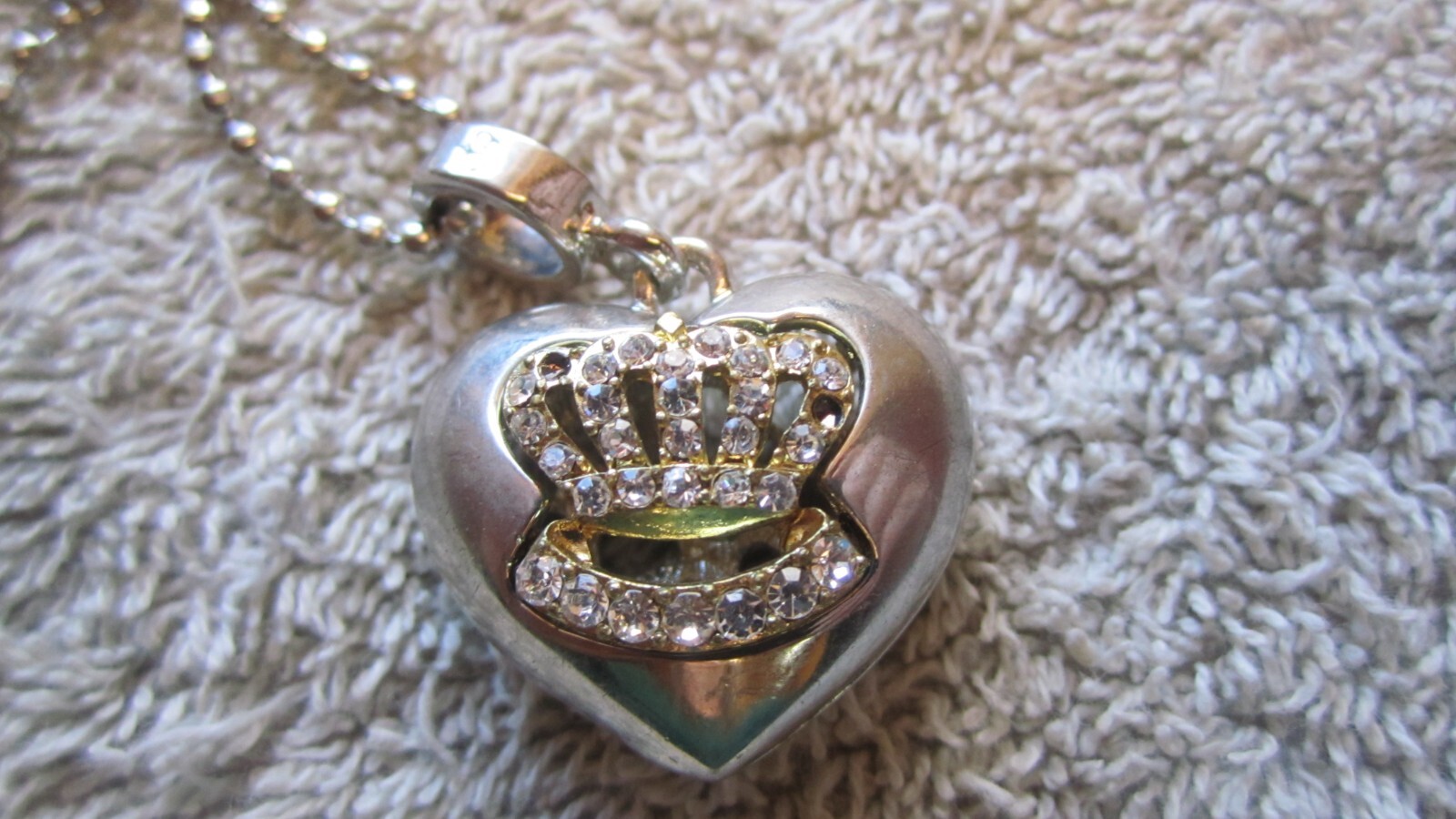 Vintage Puffy Heart Charm Necklace Pendant Brass Metal Rhinestone about 1″