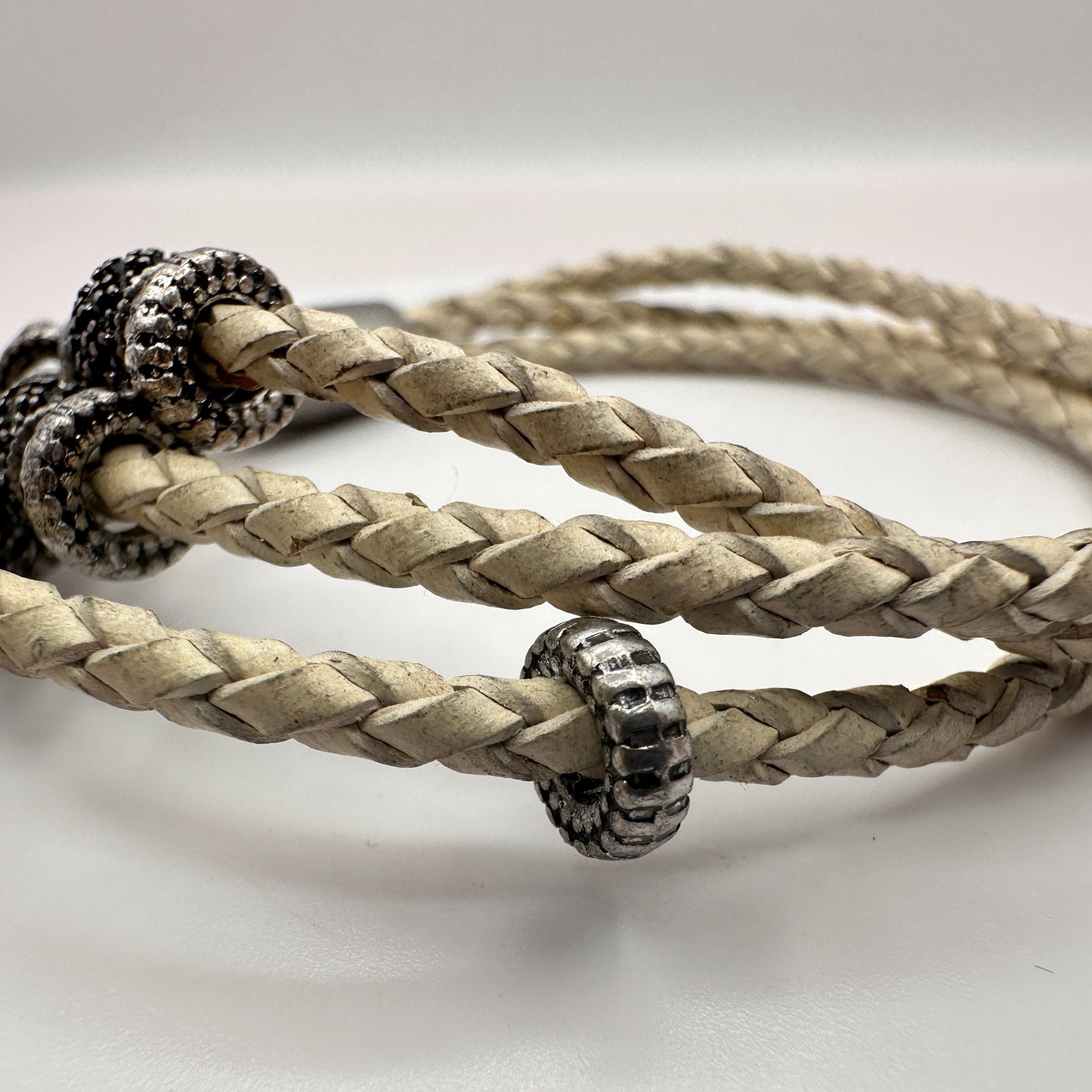 VTG Gunmetal Beige Leather Multi Strand Wrap Bracelet Tassel Charm Druzy Beads