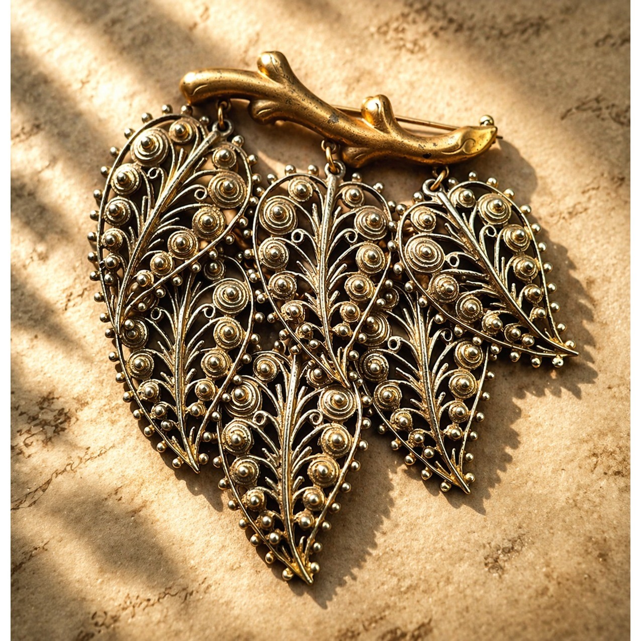 Vintage Filigree Dangle Leaf Brooch Statement Nature Gold & Silver Tone Ornate