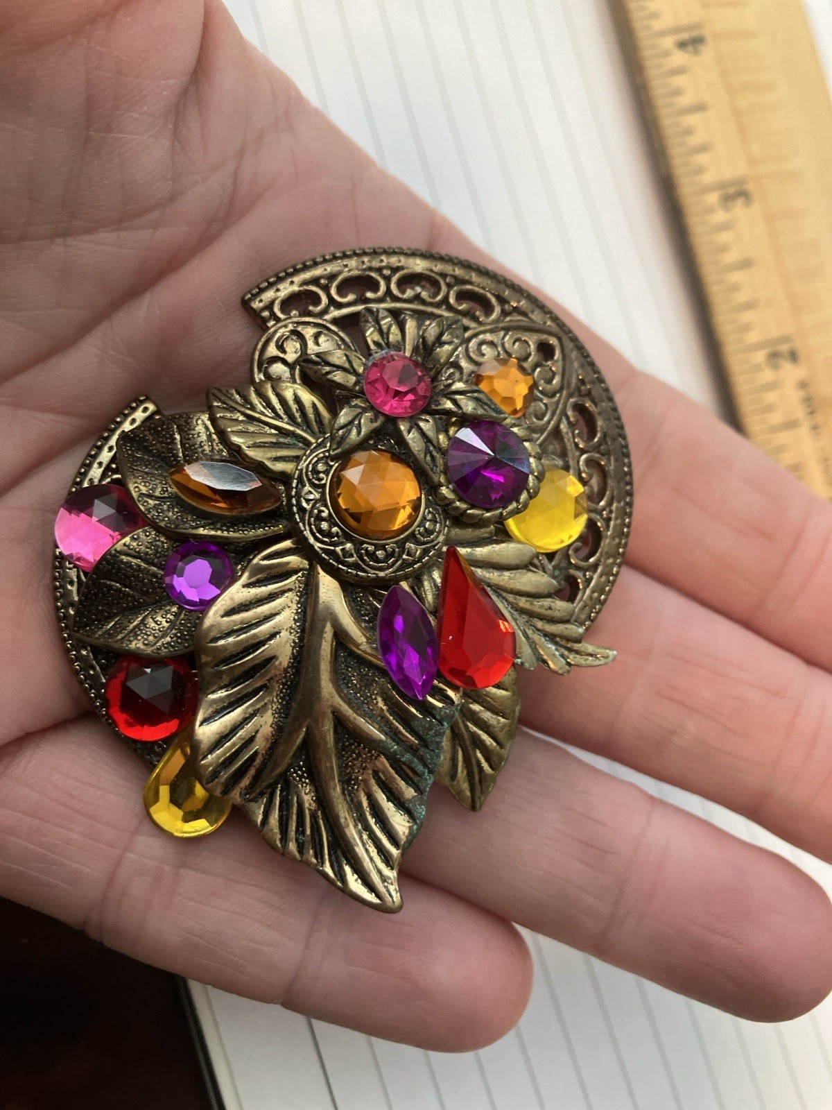 Vintage Gold Tone Pink Purple Red Yellow Plastic Gem Jewel Brooch Lapel Pin