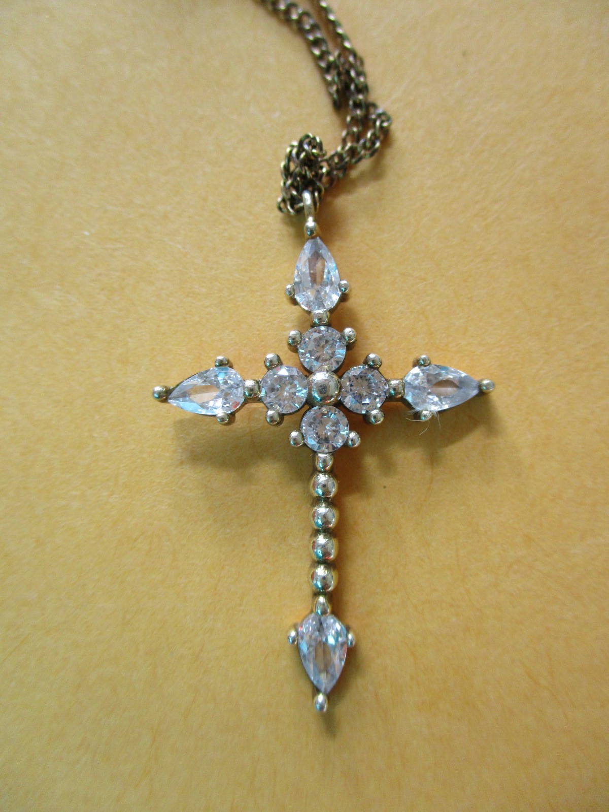 Fabulous Quality Gold Filled Faux Diamond Accented Cross & Necklace 22 Inches