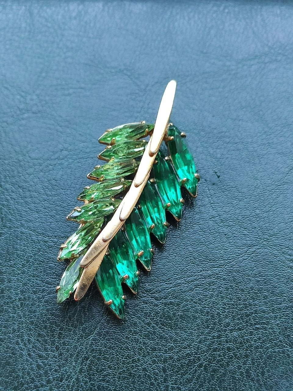 Vintage Soviet Brooch Green Glass Stones Leaf Branch USSR 1970s