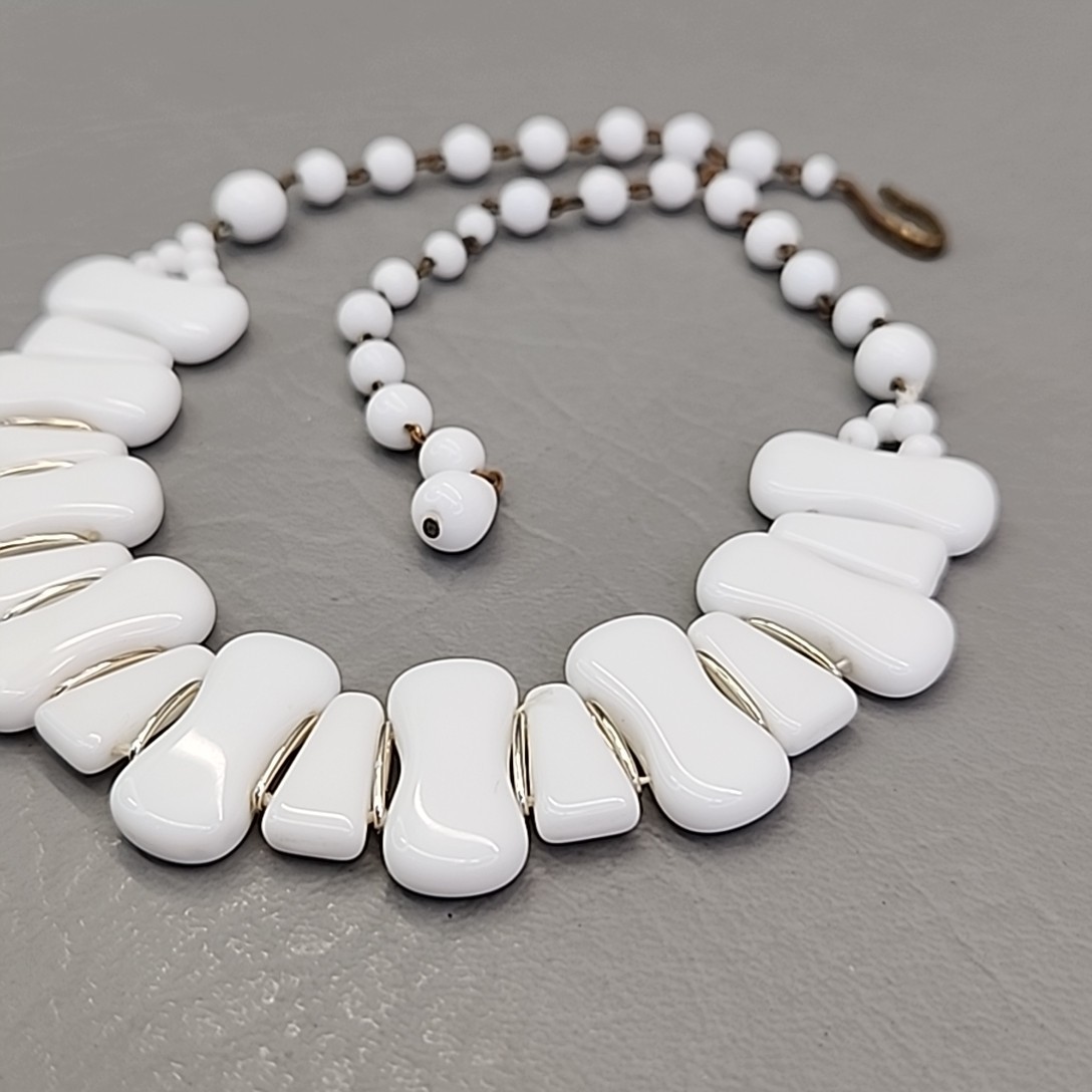 Vintage Beaded Necklace White Milk Glass Choker Hook Clasp West Germany 16″