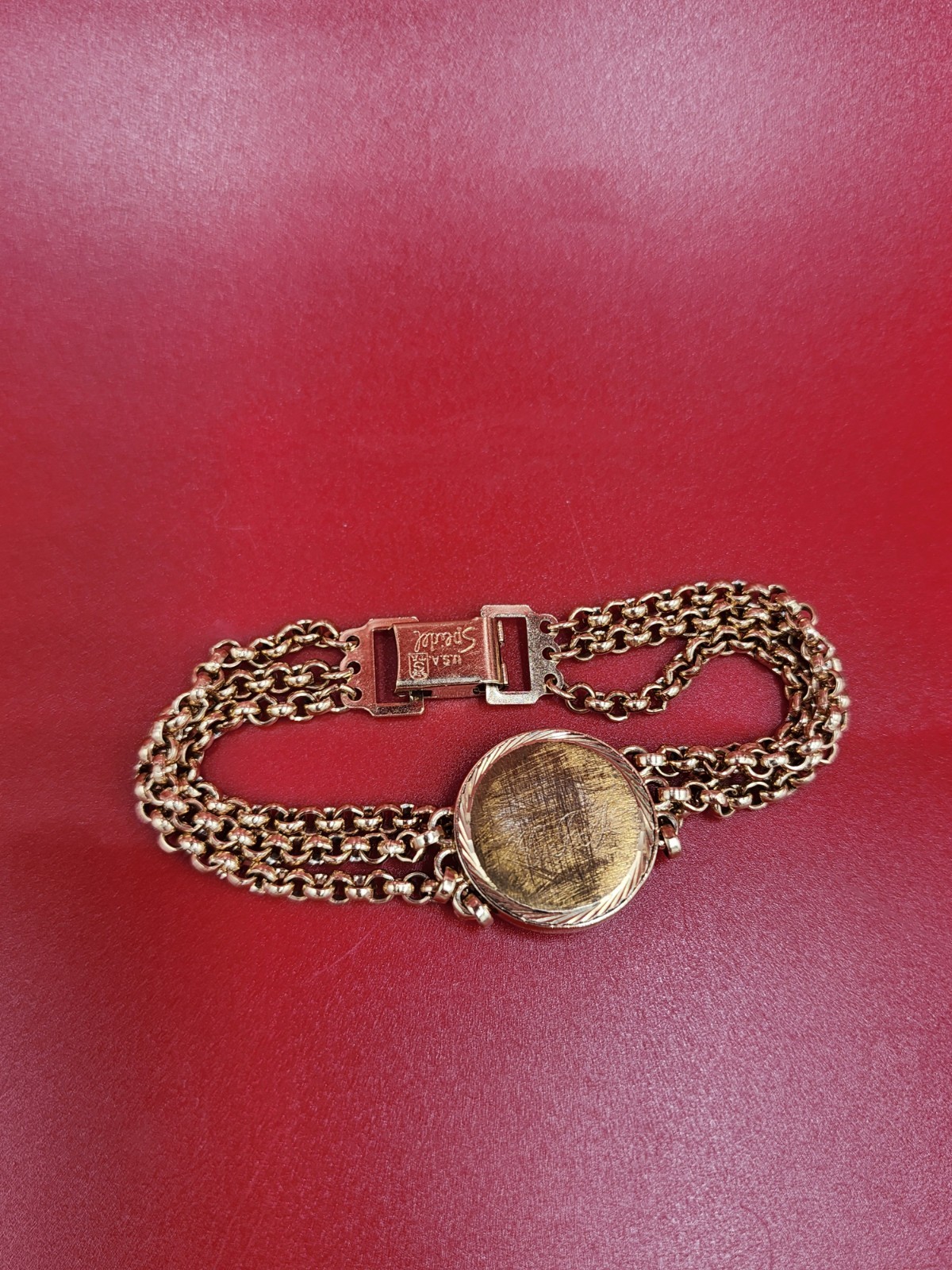 Vintage Speidel 1970s Engrave ID- style Plate Triple Band Gold Metal Bracelet