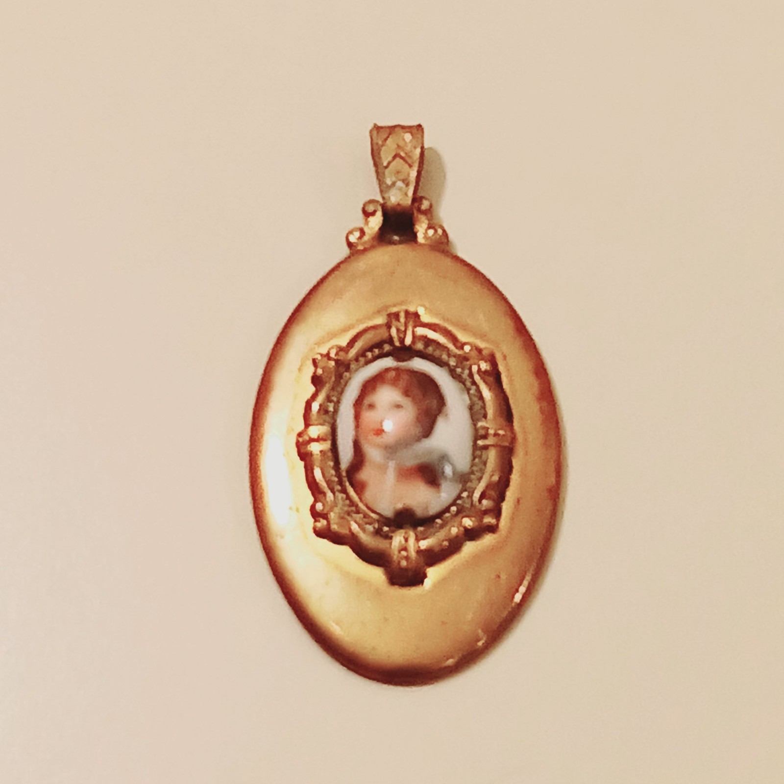 Antique Victorian Portrait Pendant Oval Gold Tone Jewelry Child Fine Art Estate