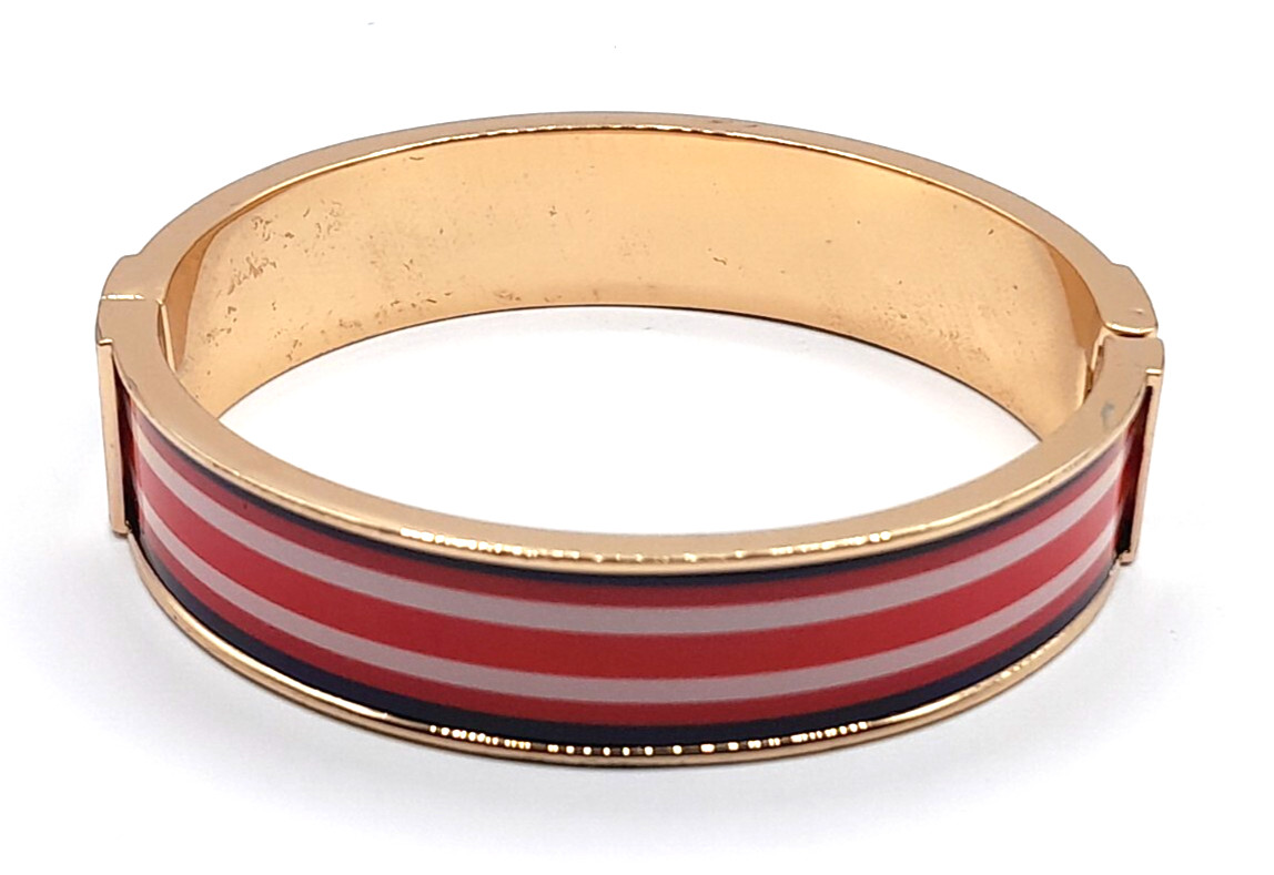 VINTAGE 90’s RED WHITE & BLACK ENAMELED GOLD TONE METAL BANGLE CLAMPER BRACELET