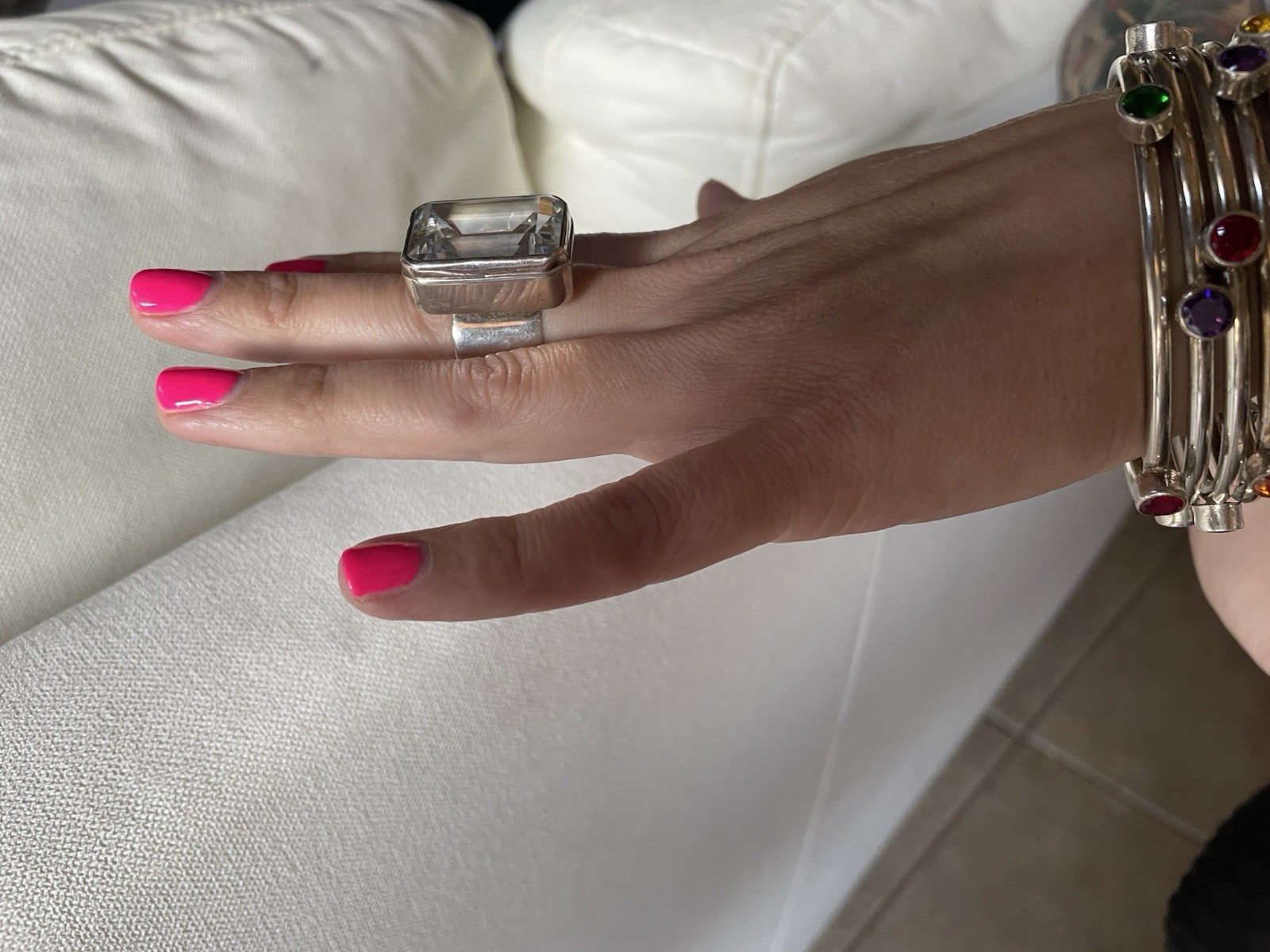 HARLENE KOREY KALIBRE Large Emerald Shaped Crystal Stone Ring On Wide Band