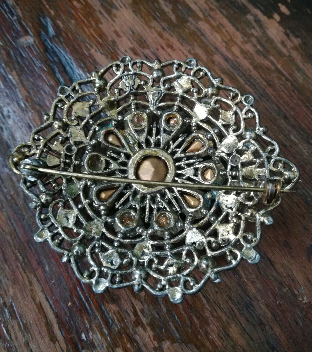 New England Glass Works Antique Brooch Pin Shades of Blue Rhinestones Filigree