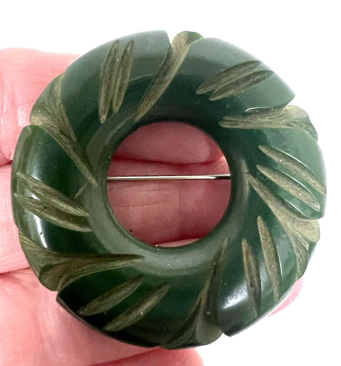 Vintage Dark Green Bakelite Carved Round Circle Brooch Pin 2.5” Great Shape