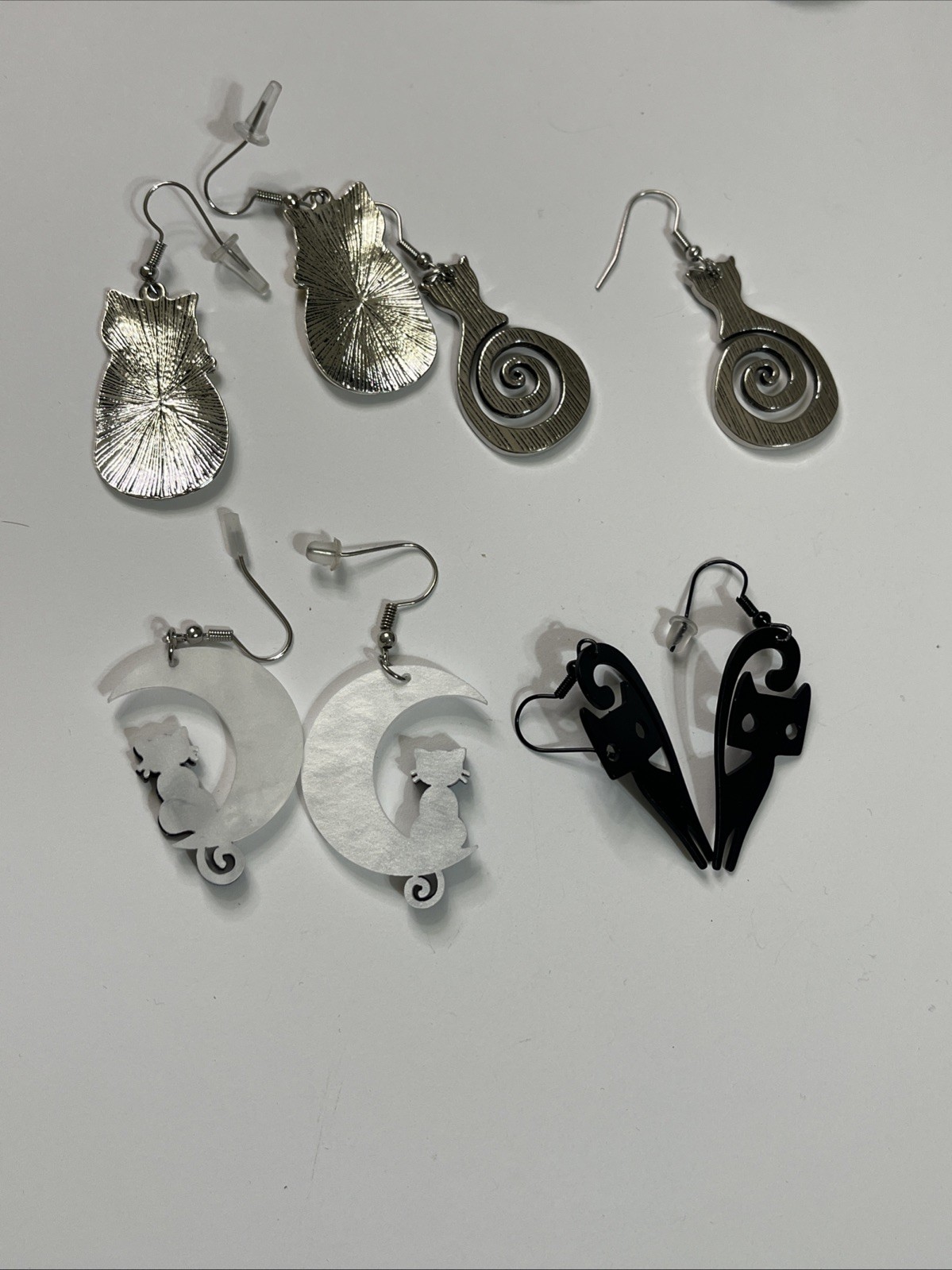 Cat Pierced Earrings Lot of 4 Kitty Black Cat Moon Flower Silvertone Halloween