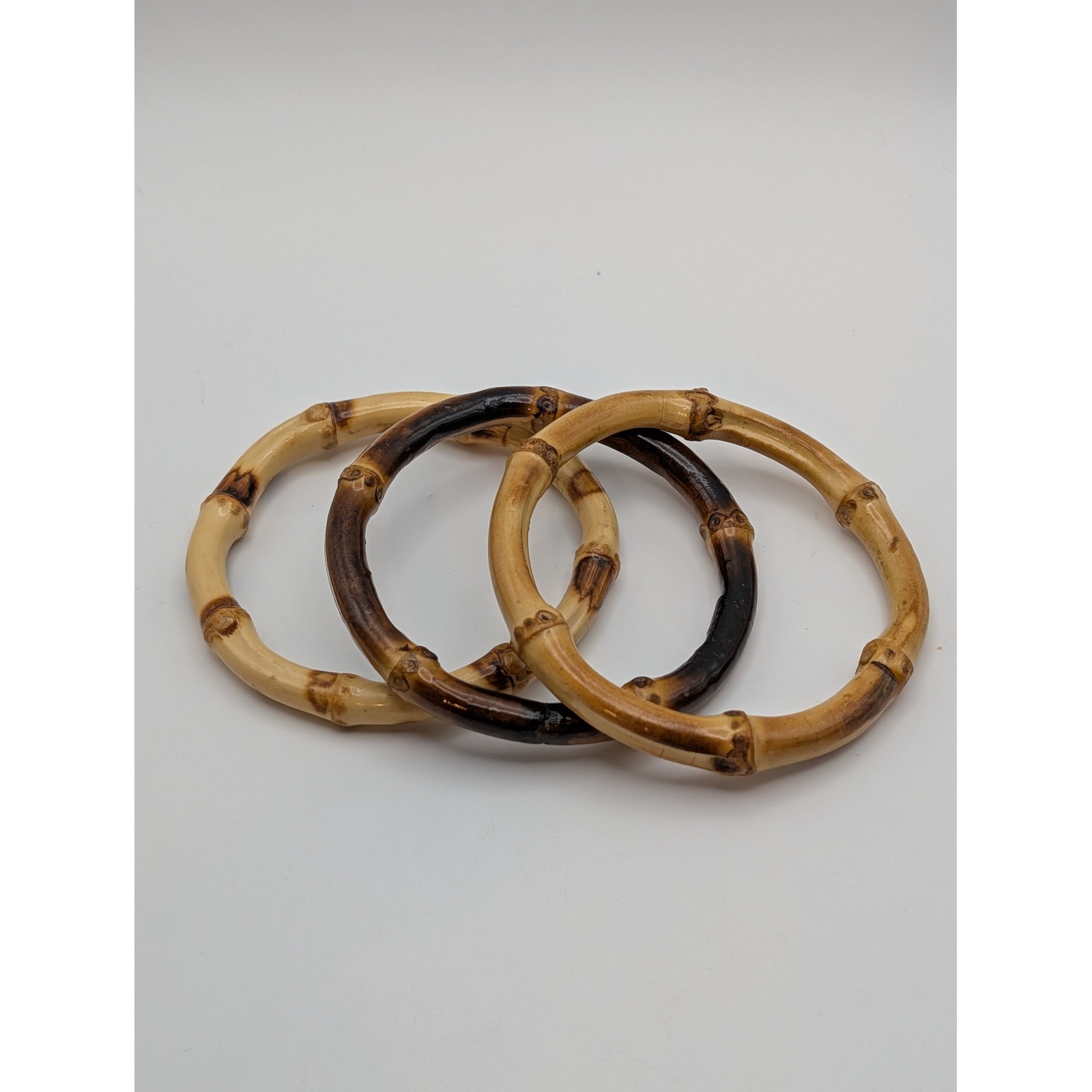 Vintage Faux Bamboo Bangle Bracelet Lot 3 Resin Acrylic Stackable Brown Beige