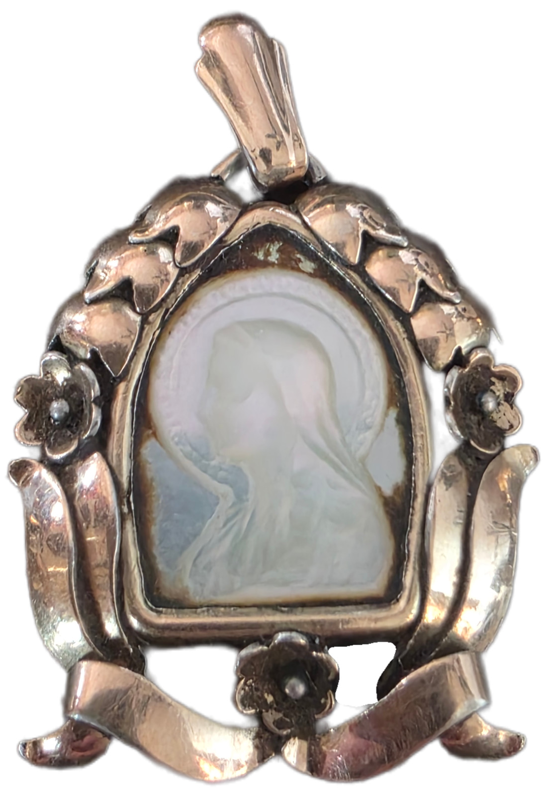 Antique Silver-Gilt Devotional Pendant with Mother-of-Pearl Madonna, c. 1890