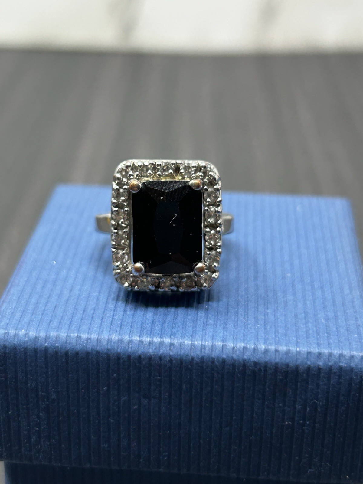 Vintage Signed Emerald Cut Black Stone Halo Style Ring 5.75
