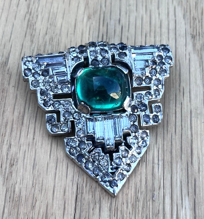 Antique 1933 Green Glass Art Deco Triangle Scarf Dress Clip Brooch Pin Set