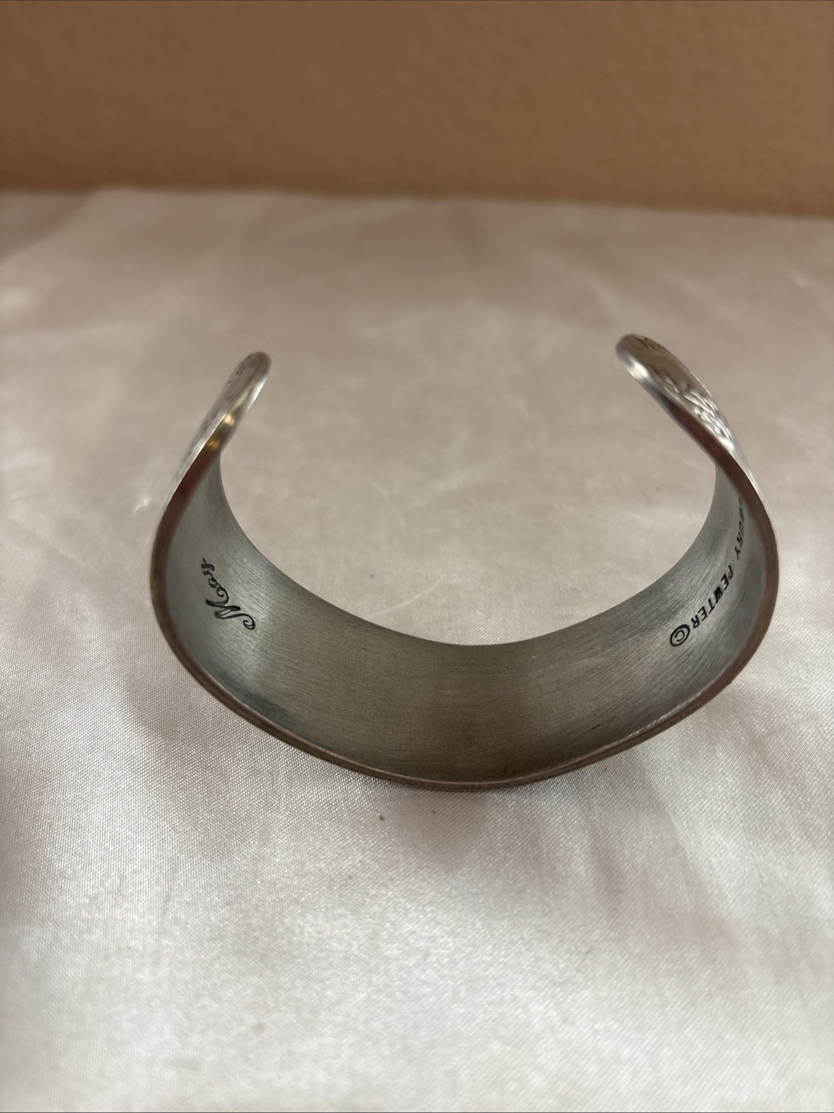 Vintage Flower Salisbury Pewter Cuff Bangle Bracelet Engraved Etched May