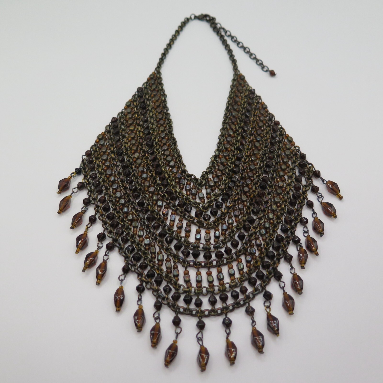 Vintage Collar Beaded Necklace- Brown Beads and Bronze Tone Chain
