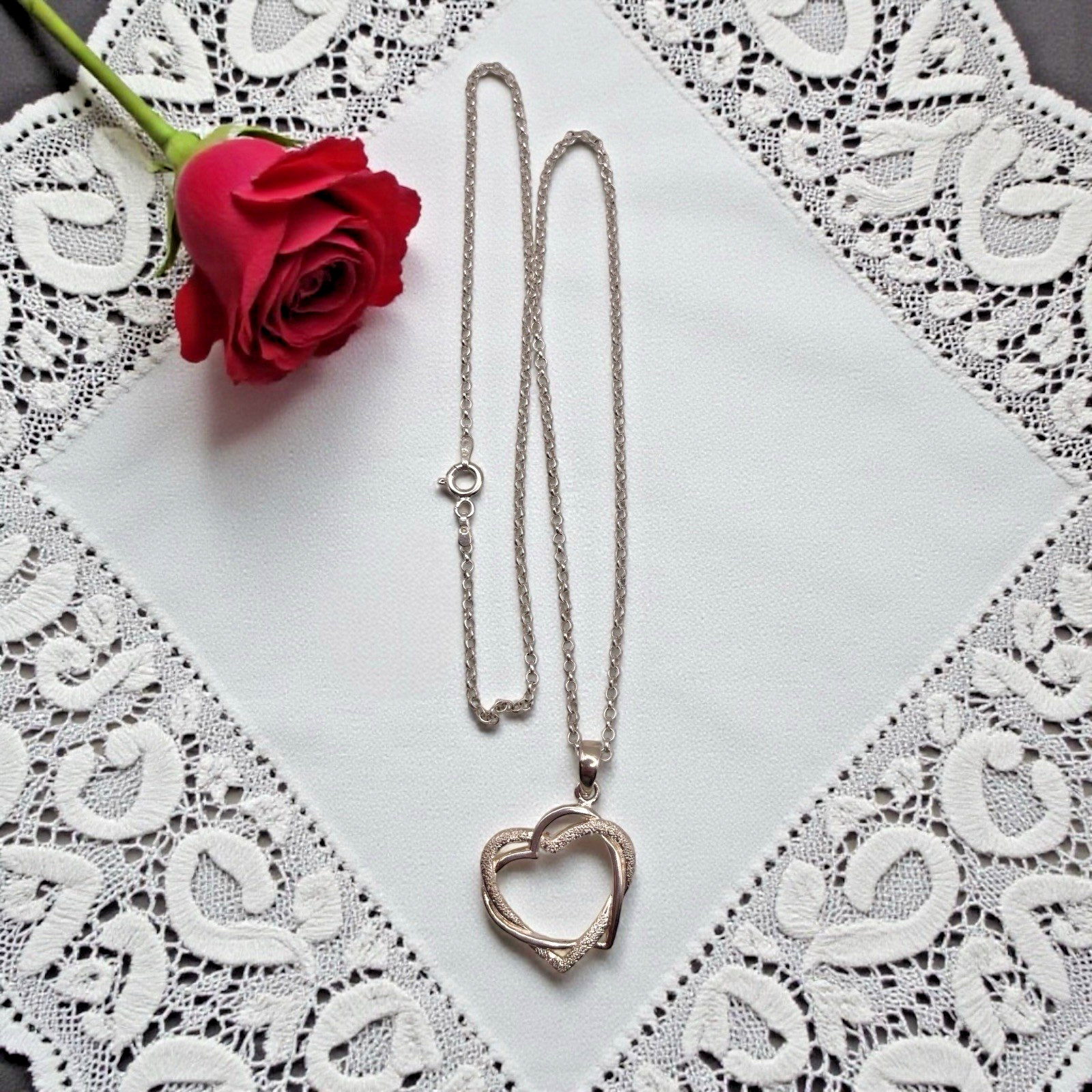 Italian 925 Sterling Double Interlocking Open Hearts Pendant Necklace, 18″
