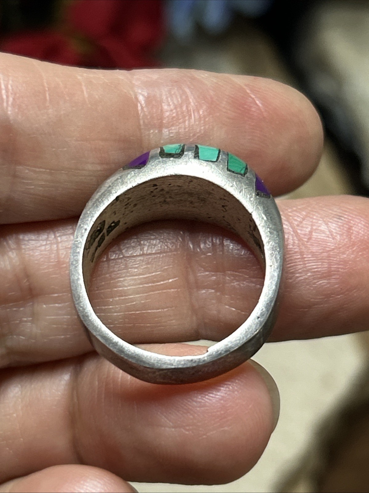 50. Vintage TAXCO Sterling 925 Green Purple Stone Inlay Ring 8.25s, 10.8g, Mex