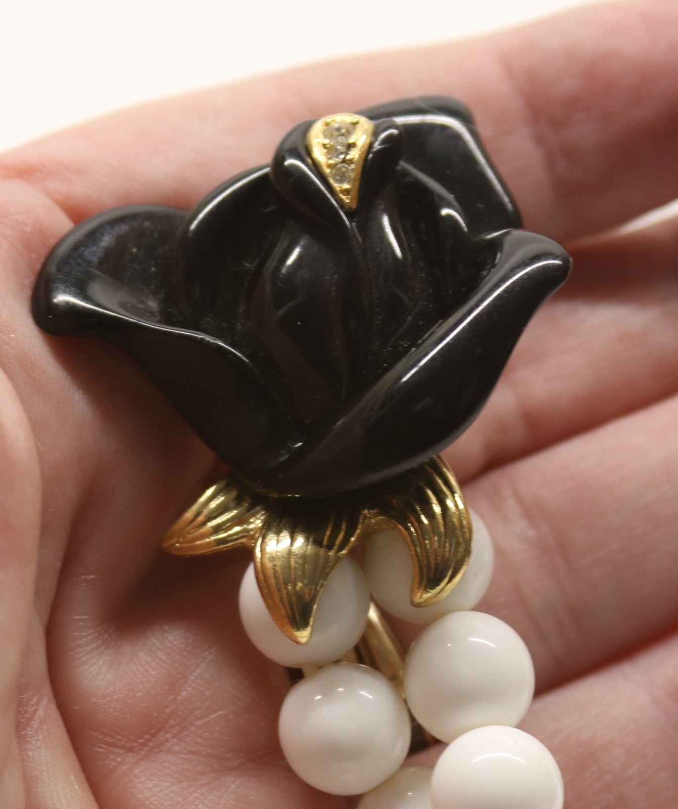 1980s KJL For AVON Signed Black Midnight Rose White Beaded Statement Necklace