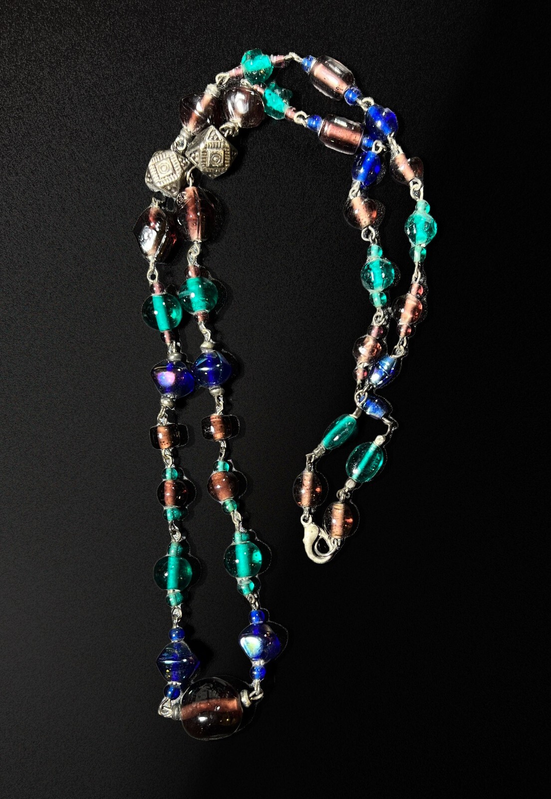 Vintage Blue, Green, Red Bauble & Tribal Silver Nugget Beaded Link Necklace