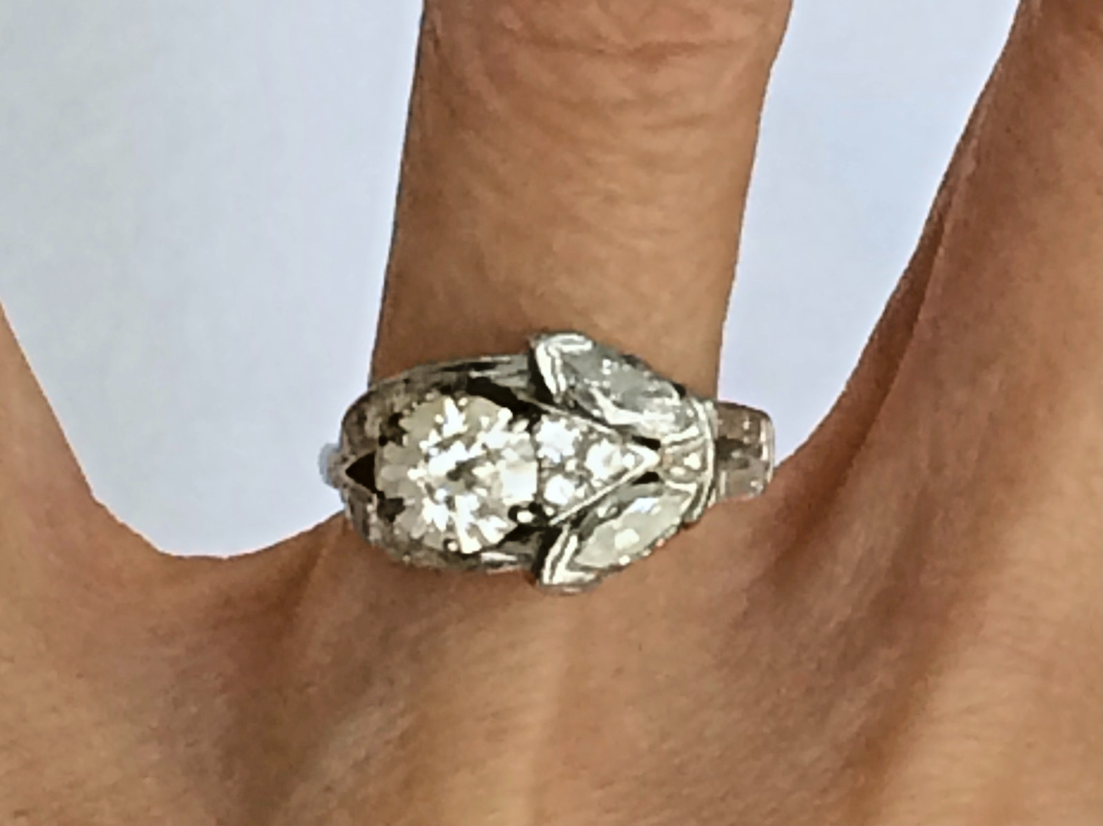 Estate Platinum Floral Burst Diamond Cluster Ring Simulated Center Stone