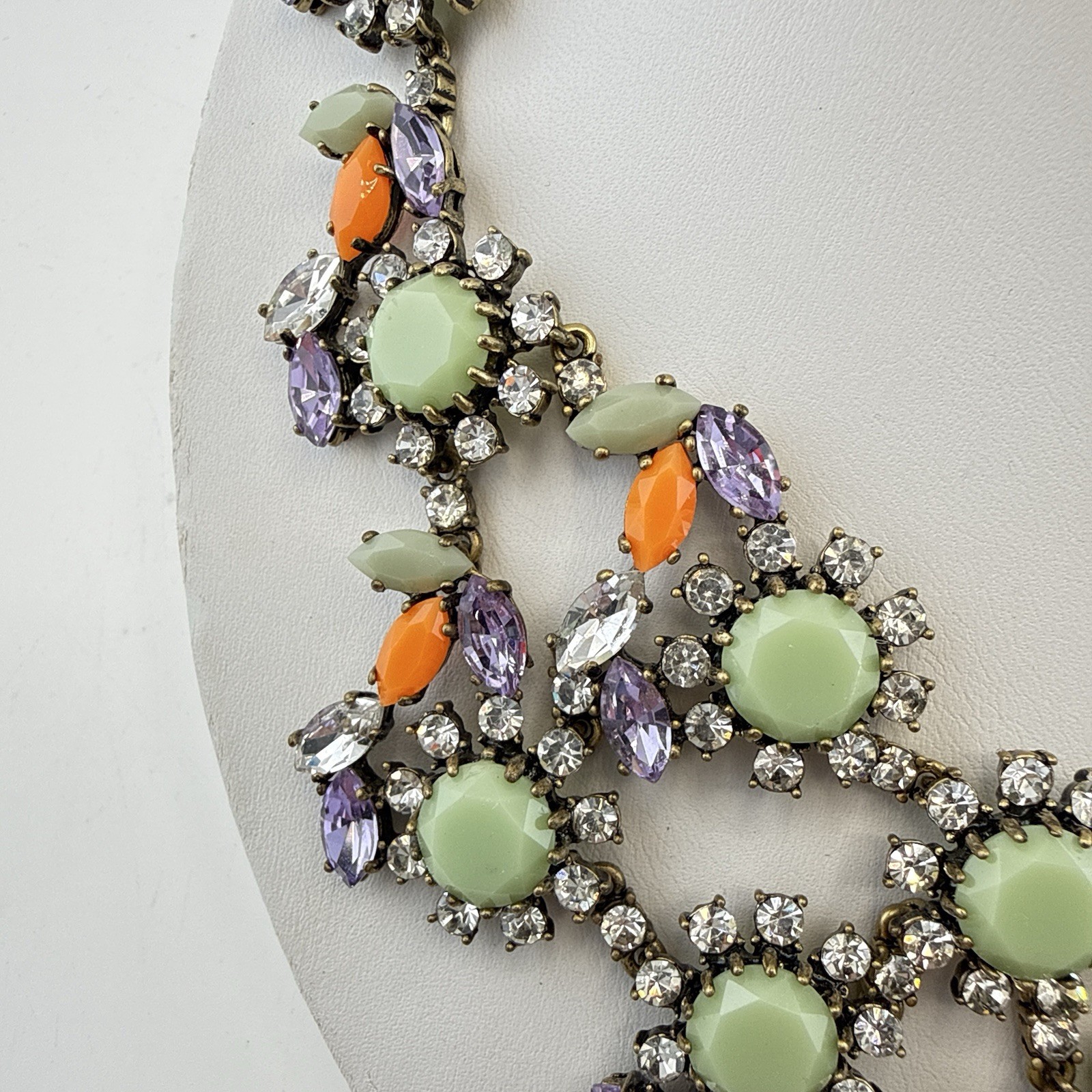J Crew Necklace Bib Chunky Green Orange Bold Festoon Floral Rhinestone Statement
