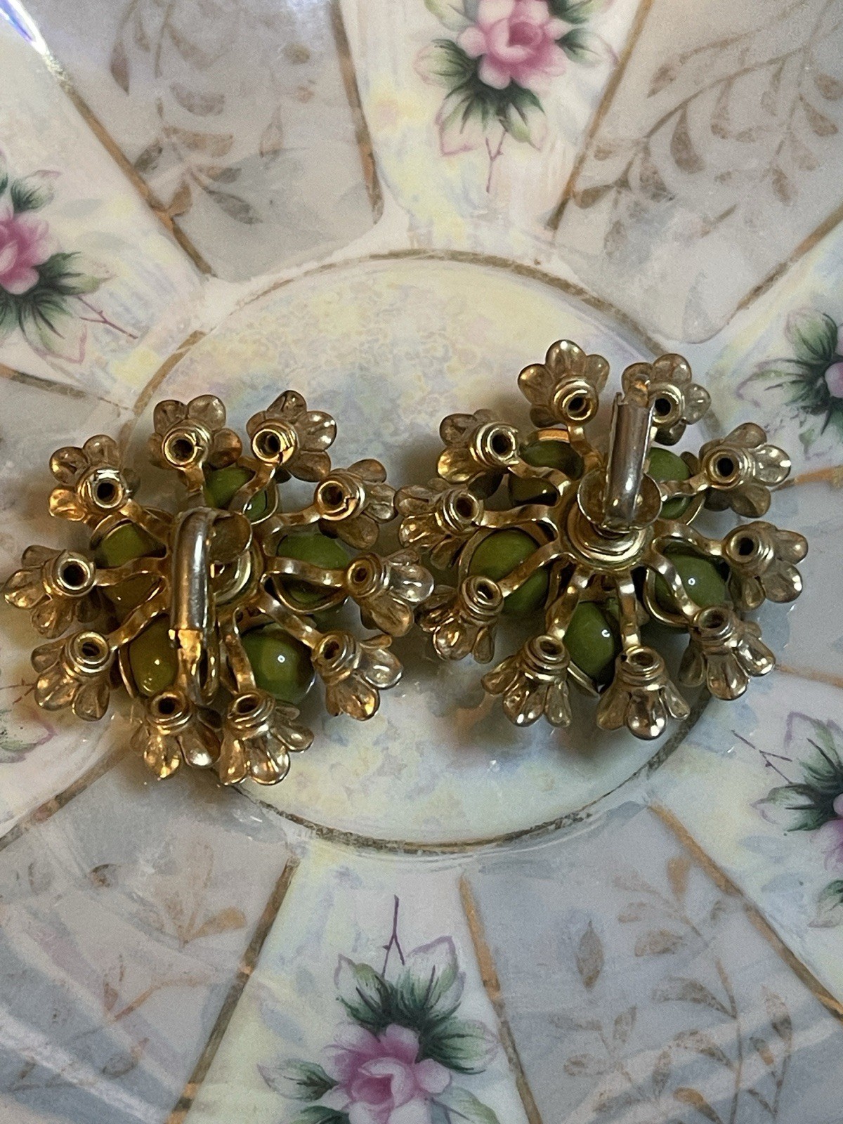 Vintage Olive Green Rhinestone Floral Motif Beaded Cluster Clip On Earrings