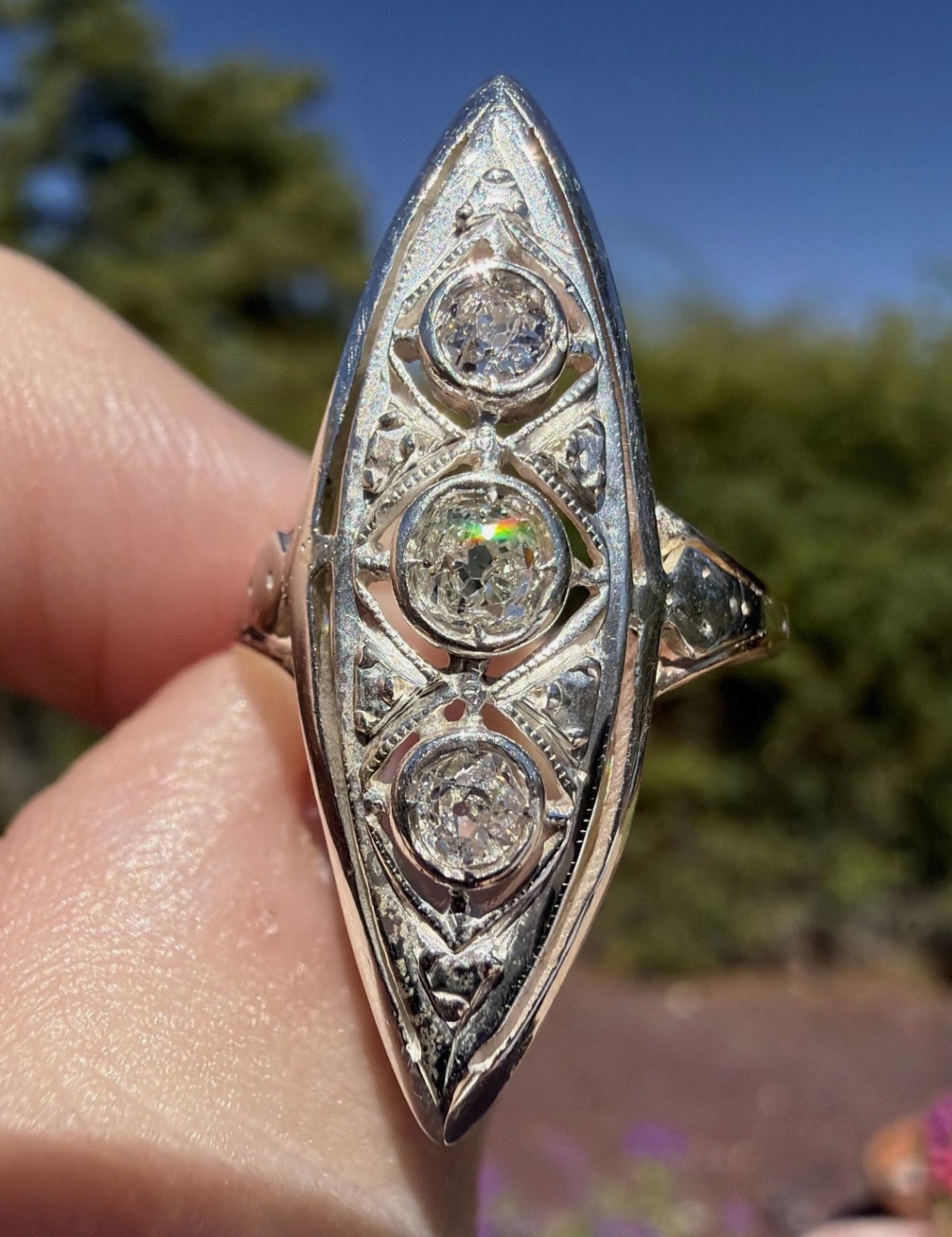 Antique Edwardian 12k Solid Gold Natural Old European Cut Ring Filigree Navette