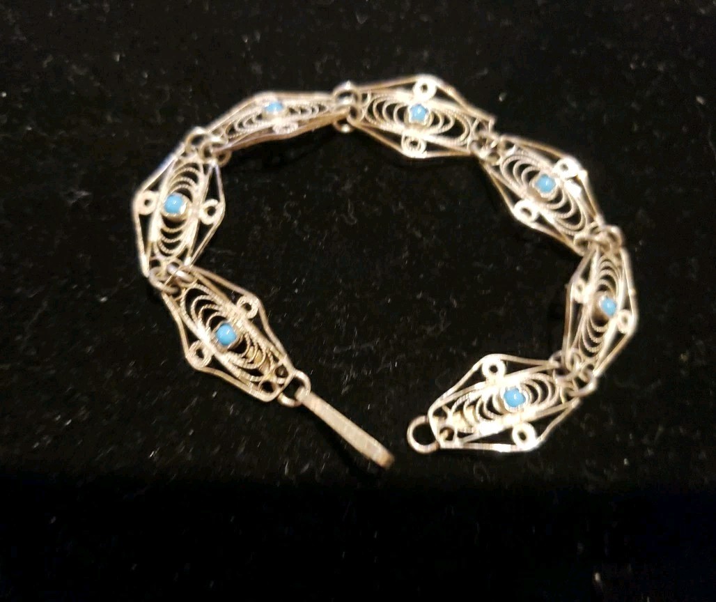 Vintage 6″ Filigree Silver Tone Bracelet With Small Blue Stones