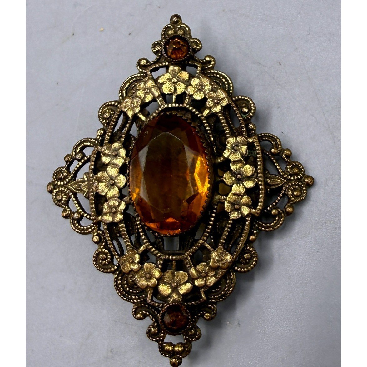 Vintage Brass Filigree Amber Glass Floral Brooch Victorian Revival Pin