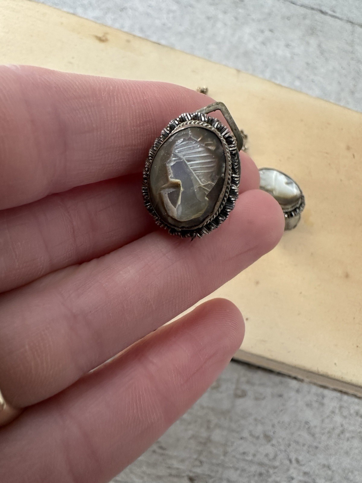 Art Deco 800 European Silver Hand Carved Left Right Cameo And Necklace Box Set