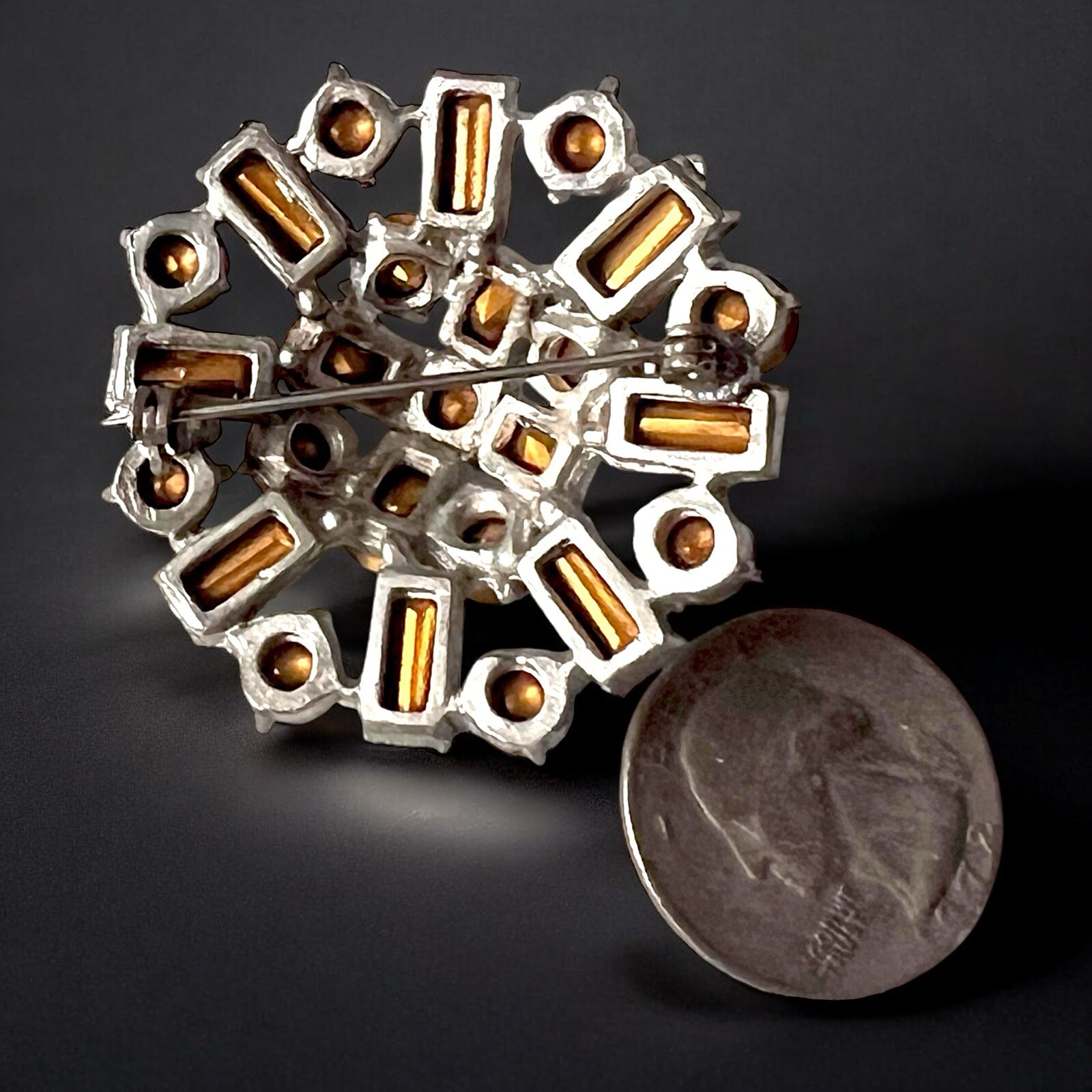 Large Starburst Rhinestone Brooch Vintage Atomic Domed Baguette Pin Vintage
