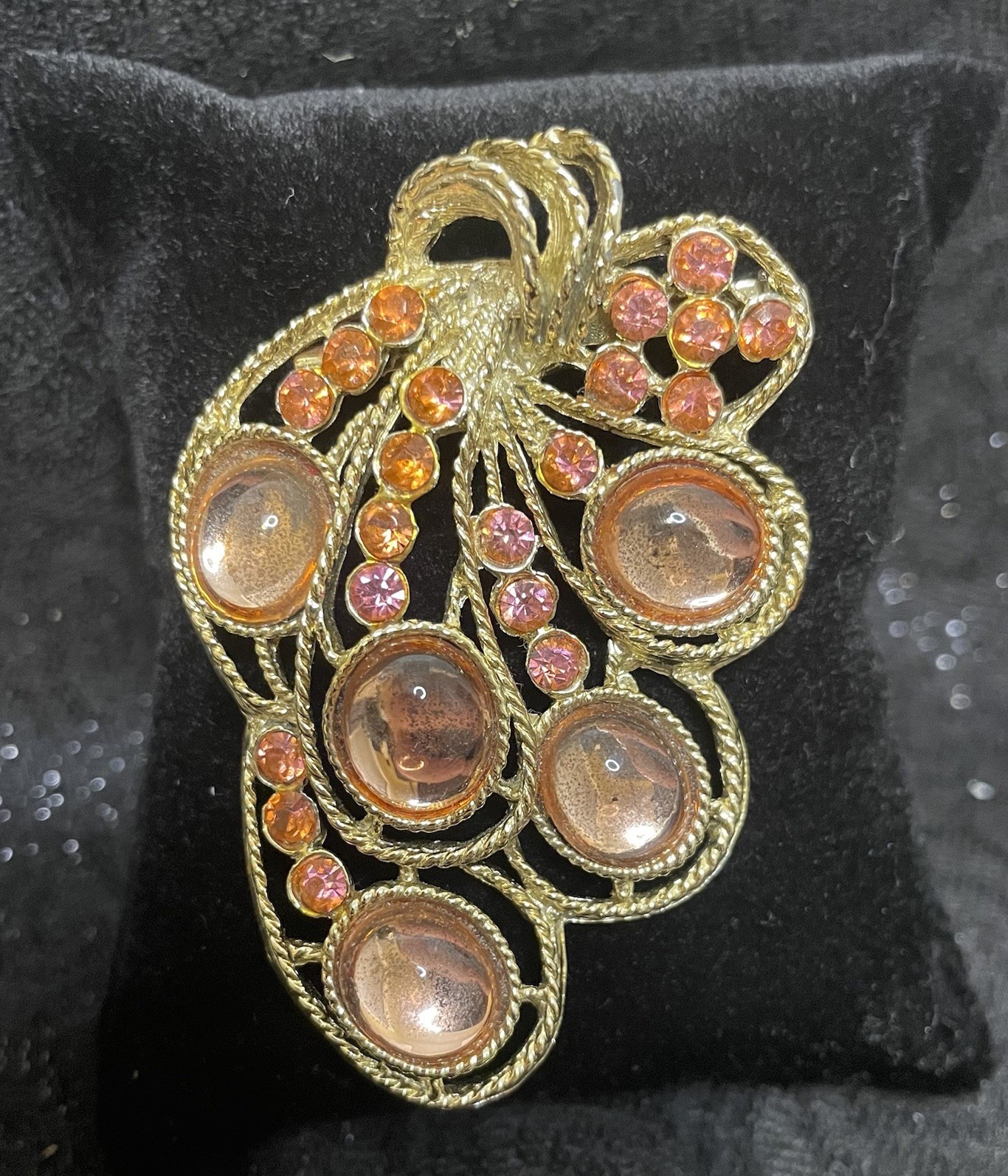Vtg Orange Pink Peach Ombré Gold Tone Floral Leaf Brooch Pin Fall Glass Jewelry